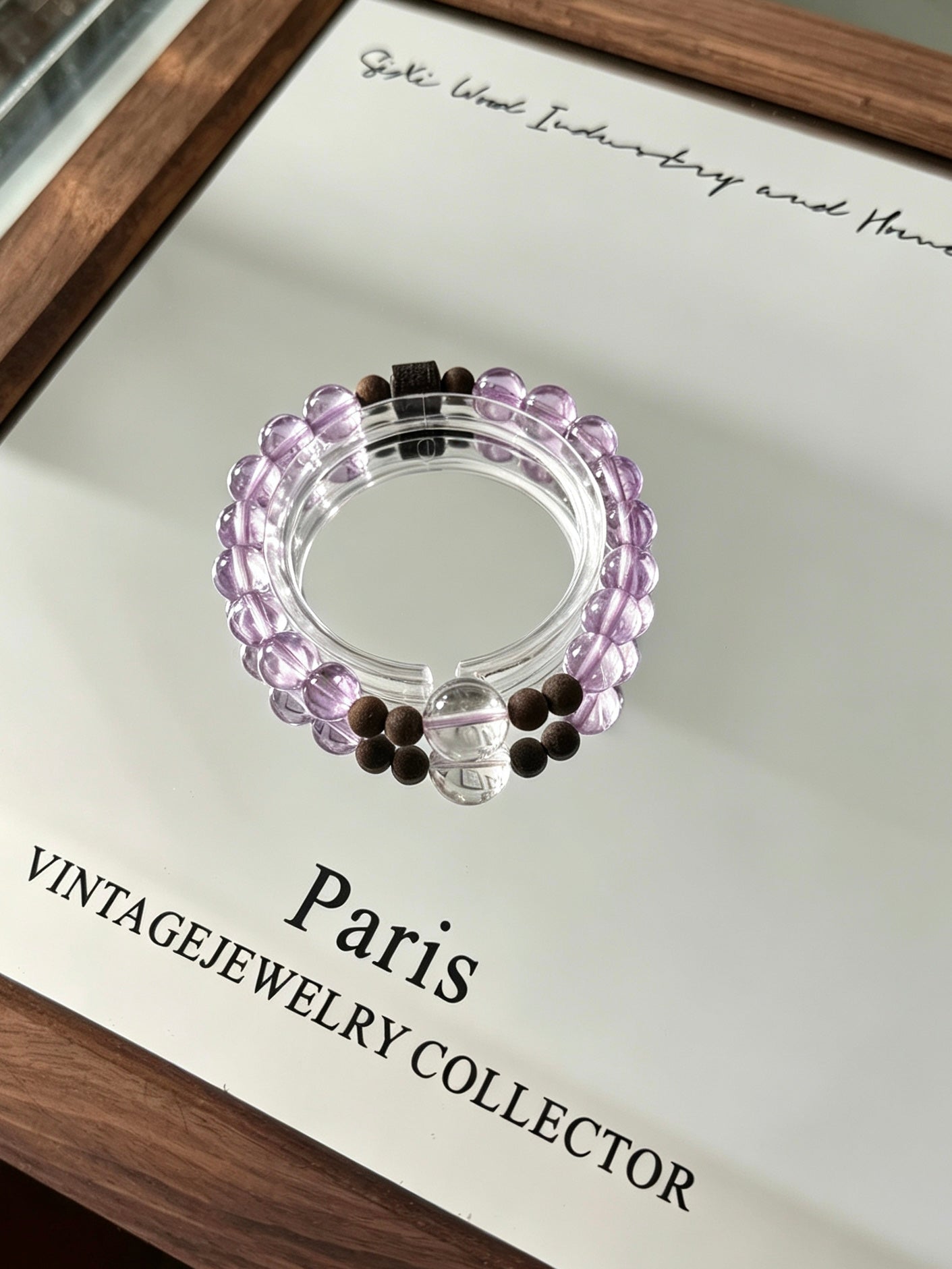 Natural Lavender Amethyst, Clear Quartz &amp; Agarwood Bracelet 天然浅紫水晶白水晶沉香单圈手串