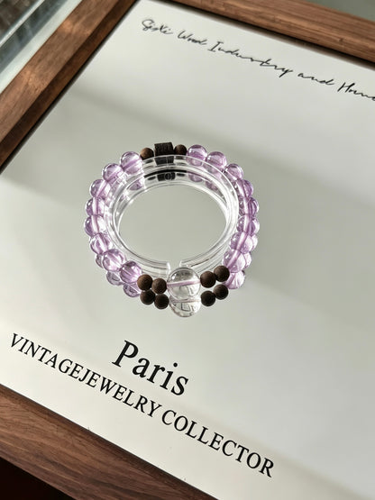 Natural Lavender Amethyst, Clear Quartz &amp; Agarwood Bracelet 天然浅紫水晶白水晶沉香单圈手串