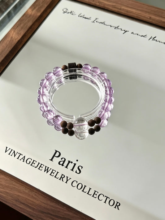 Natural Lavender Amethyst, Clear Quartz &amp; Agarwood Bracelet 天然浅紫水晶白水晶沉香单圈手串