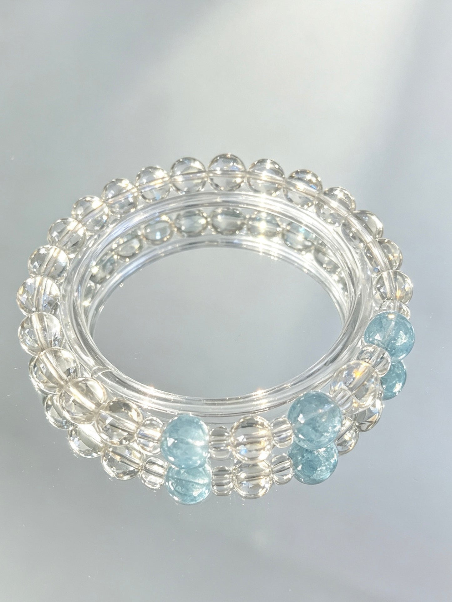 Natural Clear Quartz Bracelet With Aquamarine Beads | 天然白水晶海蓝宝圆珠手链