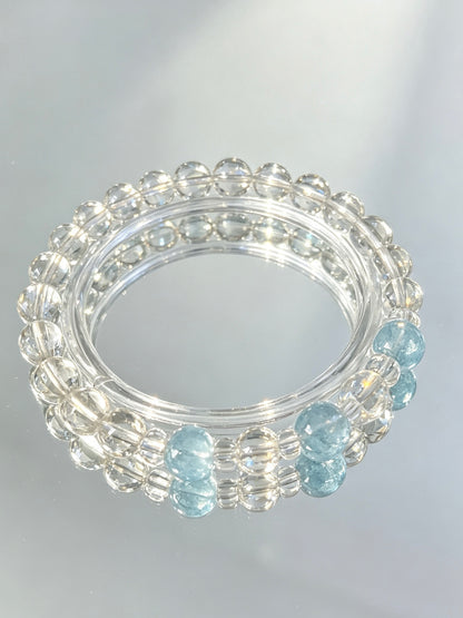 Natural Clear Quartz Bracelet With Aquamarine Beads | 天然白水晶海蓝宝圆珠手链