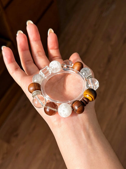 Natural Sandalwood, Tiger’s Eye, Clear Quartz &amp; Snow Phantom Bracelet 天然檀木黄虎眼白水晶雪花幽灵手串