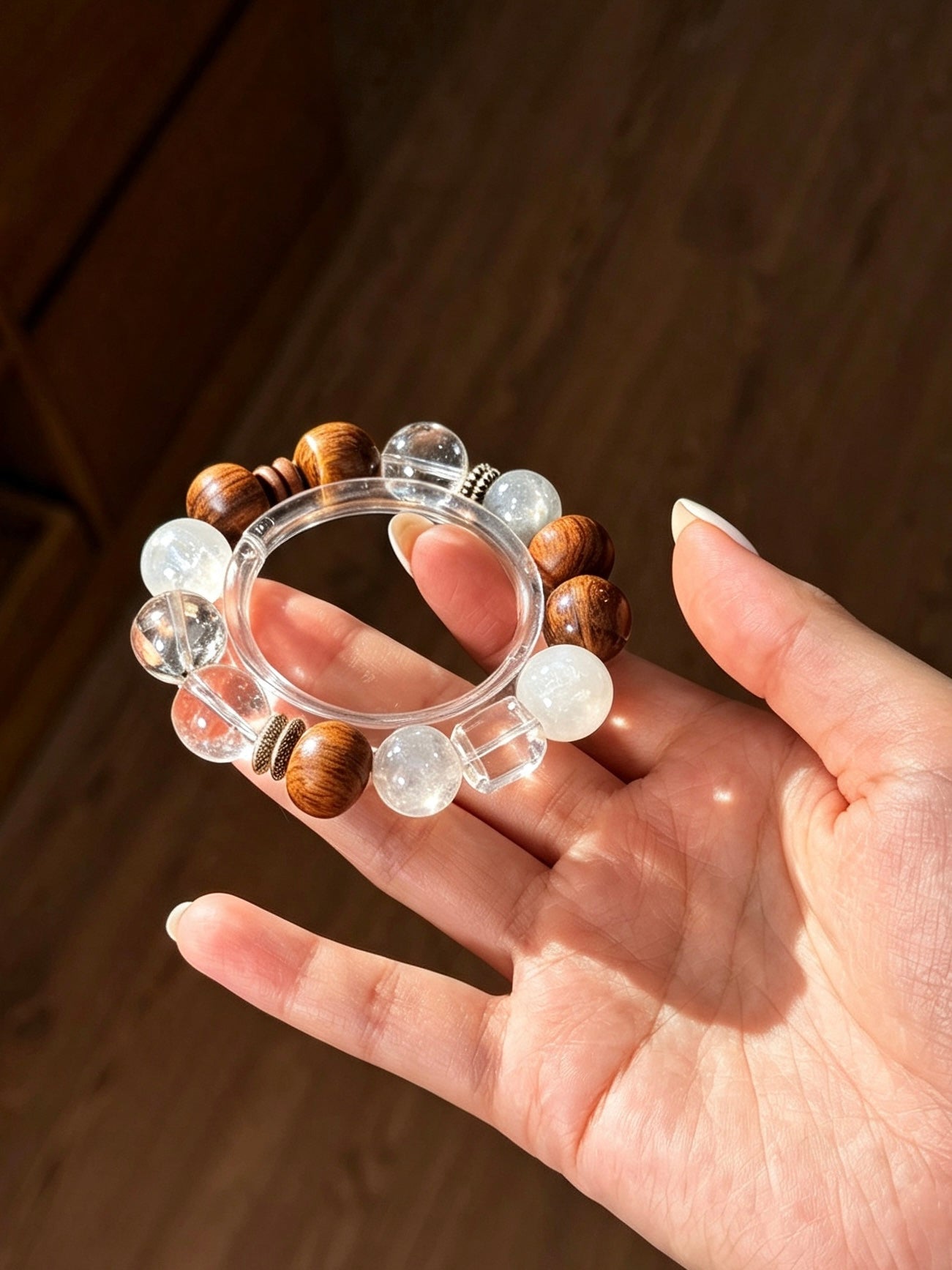 Natural Sandalwood, Tiger’s Eye, Clear Quartz &amp; Snow Phantom Bracelet 天然檀木黄虎眼白水晶雪花幽灵手串