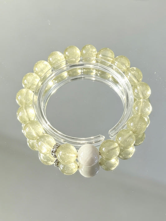 Natural Lemon Quartz Bracelet With Hetian Jade Accent | 天然柠檬晶和田玉点缀圆珠手链