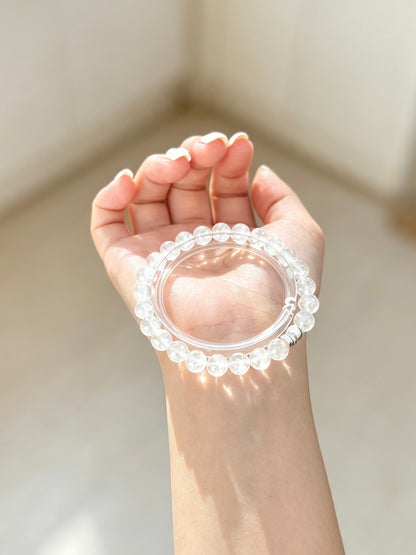 Natural White Rutilated Quartz Bracelet With Silver Accent | 天然白兔毛水晶银饰圆珠手链