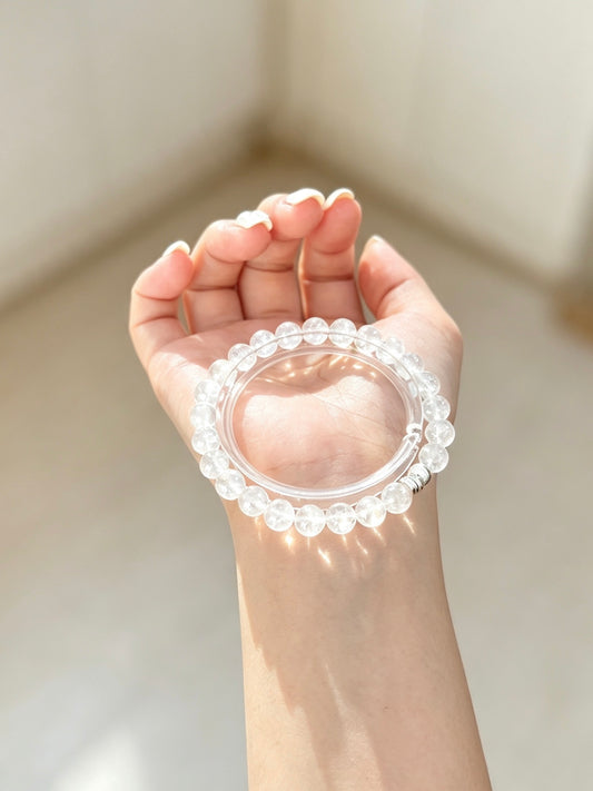 Natural White Rutilated Quartz Bracelet With Silver Accent | Natural White Rutilated Quartz Sterling Silver Beaded Bracelet