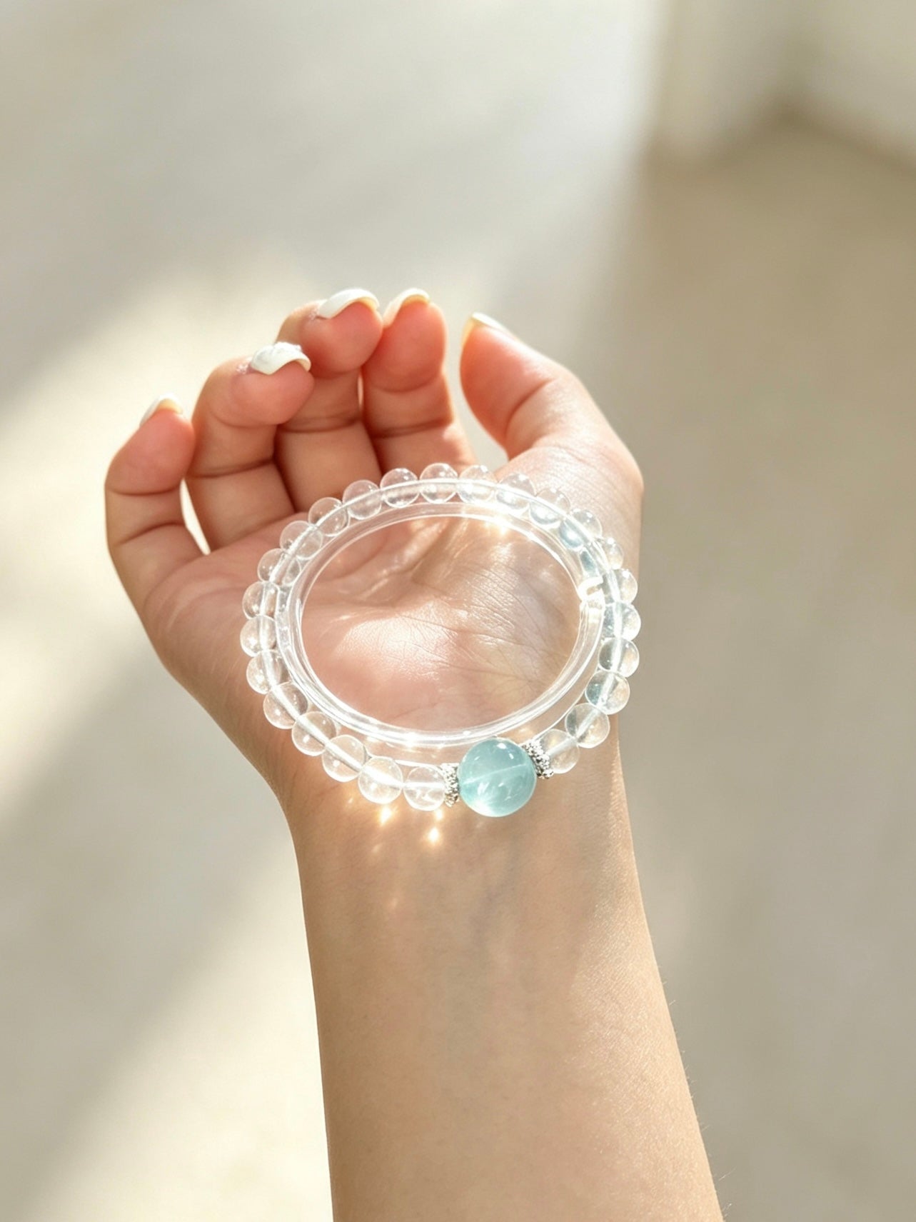 Natural Clear Quartz Bracelet With Aquamarine Accent | 天然白水晶海蓝宝点缀圆珠手链