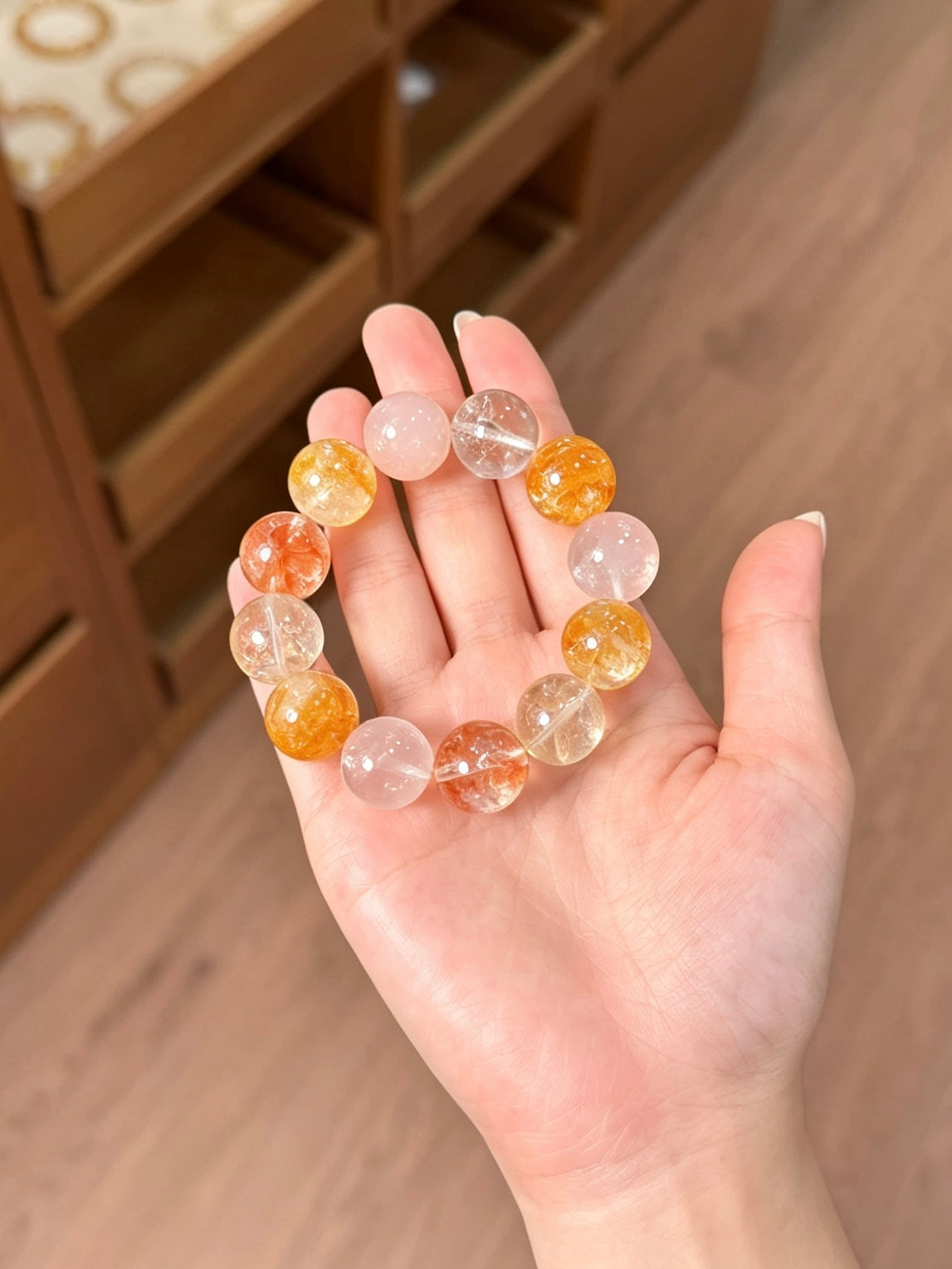Natural Citrine, Rose Quartz & Red Hematoid Bracelet 天然黄水晶粉晶红胶花手串
