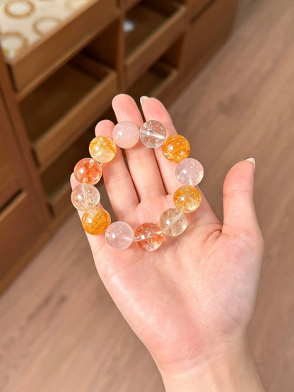 Natural Citrine, Rose Quartz & Red Hematoid Bracelet 天然黄水晶粉晶红胶花手串
