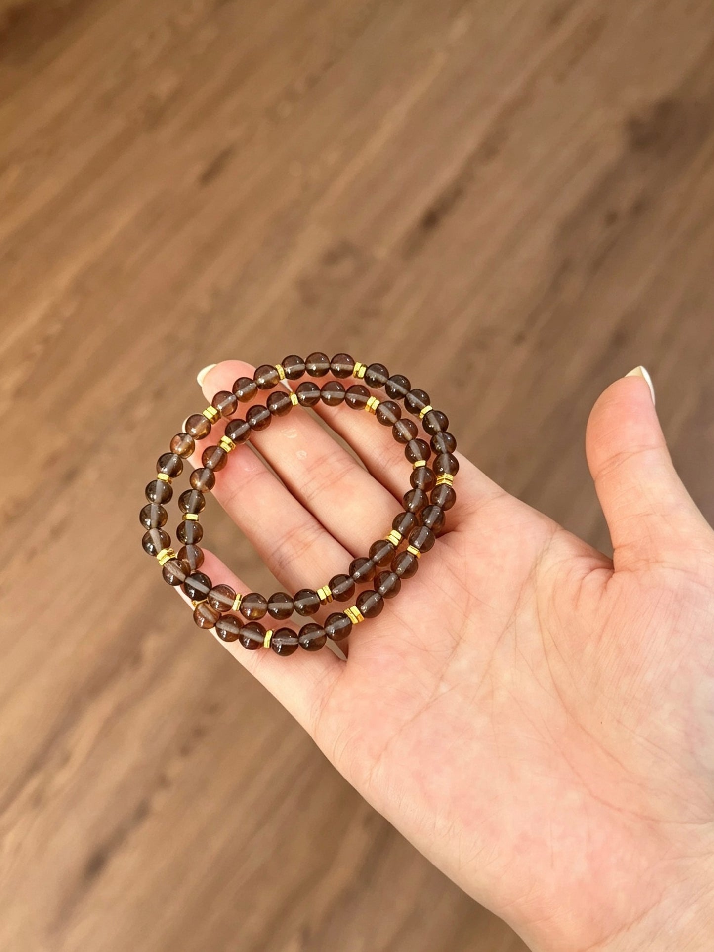 Natural Smoky Quartz Round Bead Double-Loop Bracelet天然茶水晶圆珠双圈手链