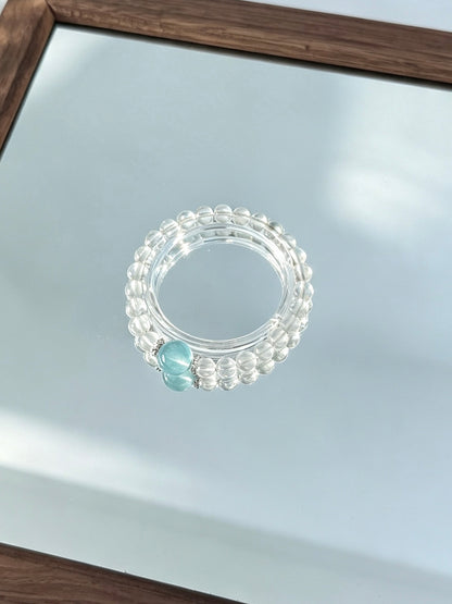 Natural Clear Quartz Bracelet With Aquamarine Accent | 天然白水晶海蓝宝点缀圆珠手链