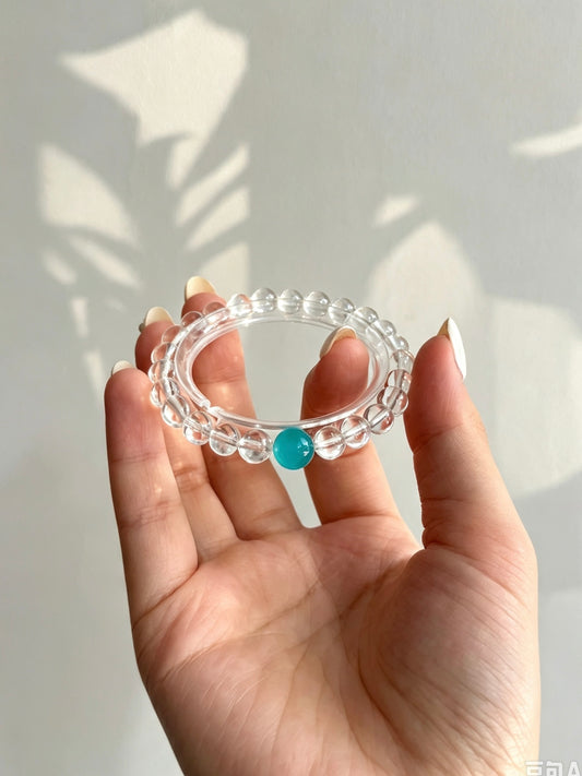 Natural Clear Quartz Bracelet With Amazonite Accent | 天然白水晶天河石点缀圆珠手链