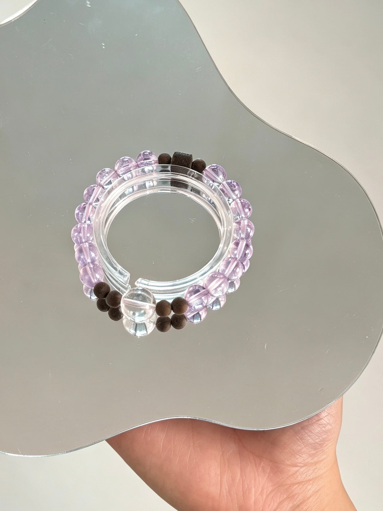 Natural Lavender Amethyst, Clear Quartz &amp; Agarwood Bracelet 天然浅紫水晶白水晶沉香单圈手串