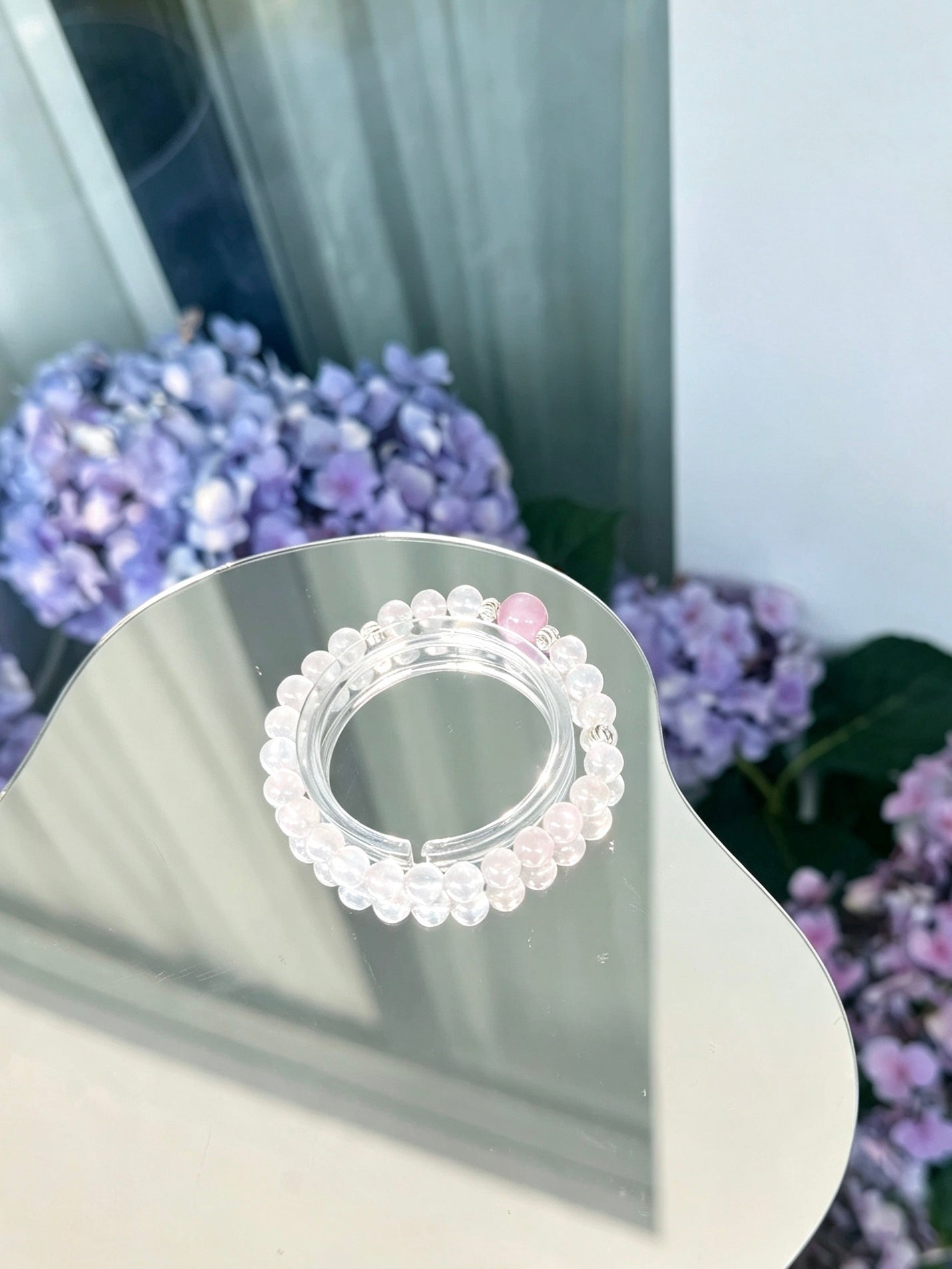 Natural White Phantom Quartz Beaded Bracelet with Morganite Accent