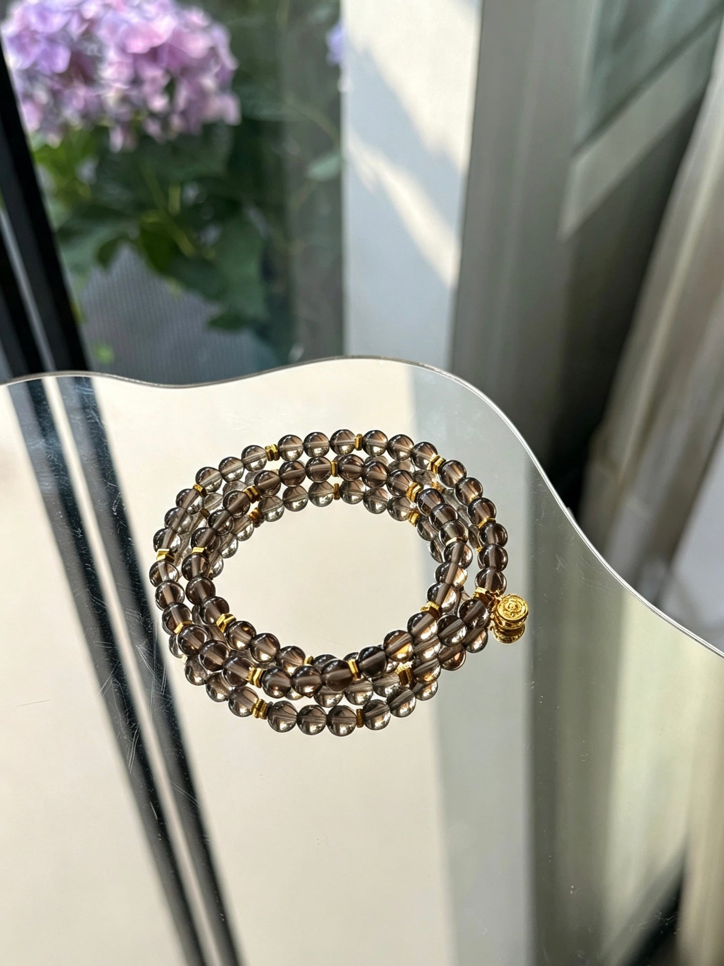 Natural Smoky Quartz Round Bead Double-Loop Bracelet天然茶水晶圆珠双圈手链