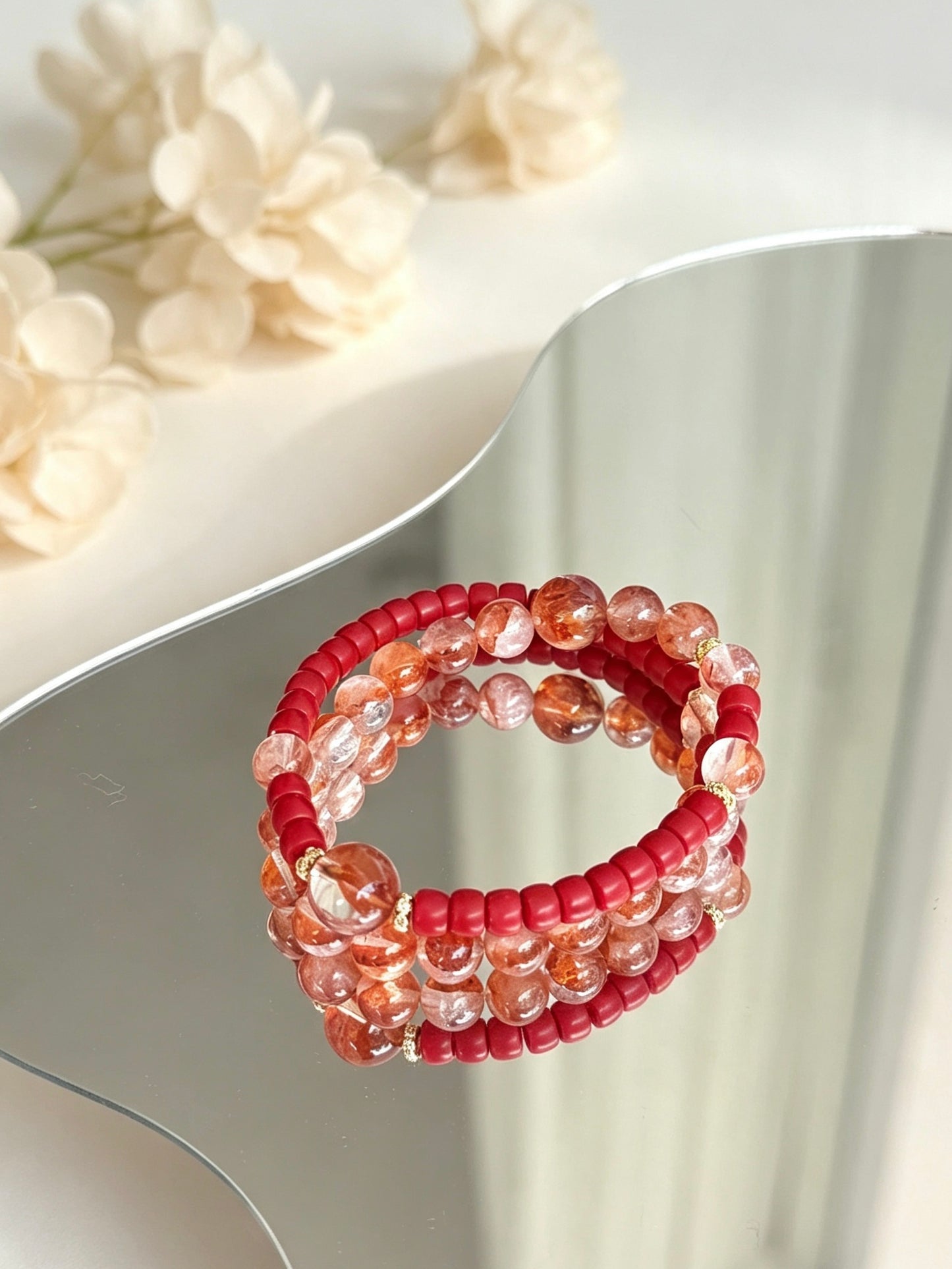 Natural Red Hematoid Quartz &amp; Cinnabar Three-Loop Bracelet 天然红胶花水晶朱砂三圈手串