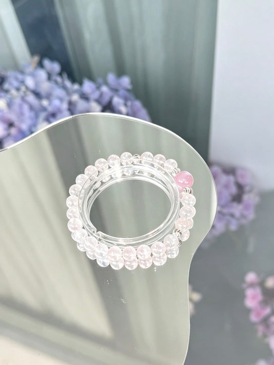 Natural White Phantom Quartz Beaded Bracelet with Morganite Accent