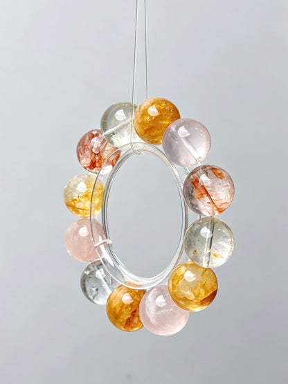 Natural Citrine, Rose Quartz & Red Hematoid Bracelet 天然黄水晶粉晶红胶花手串