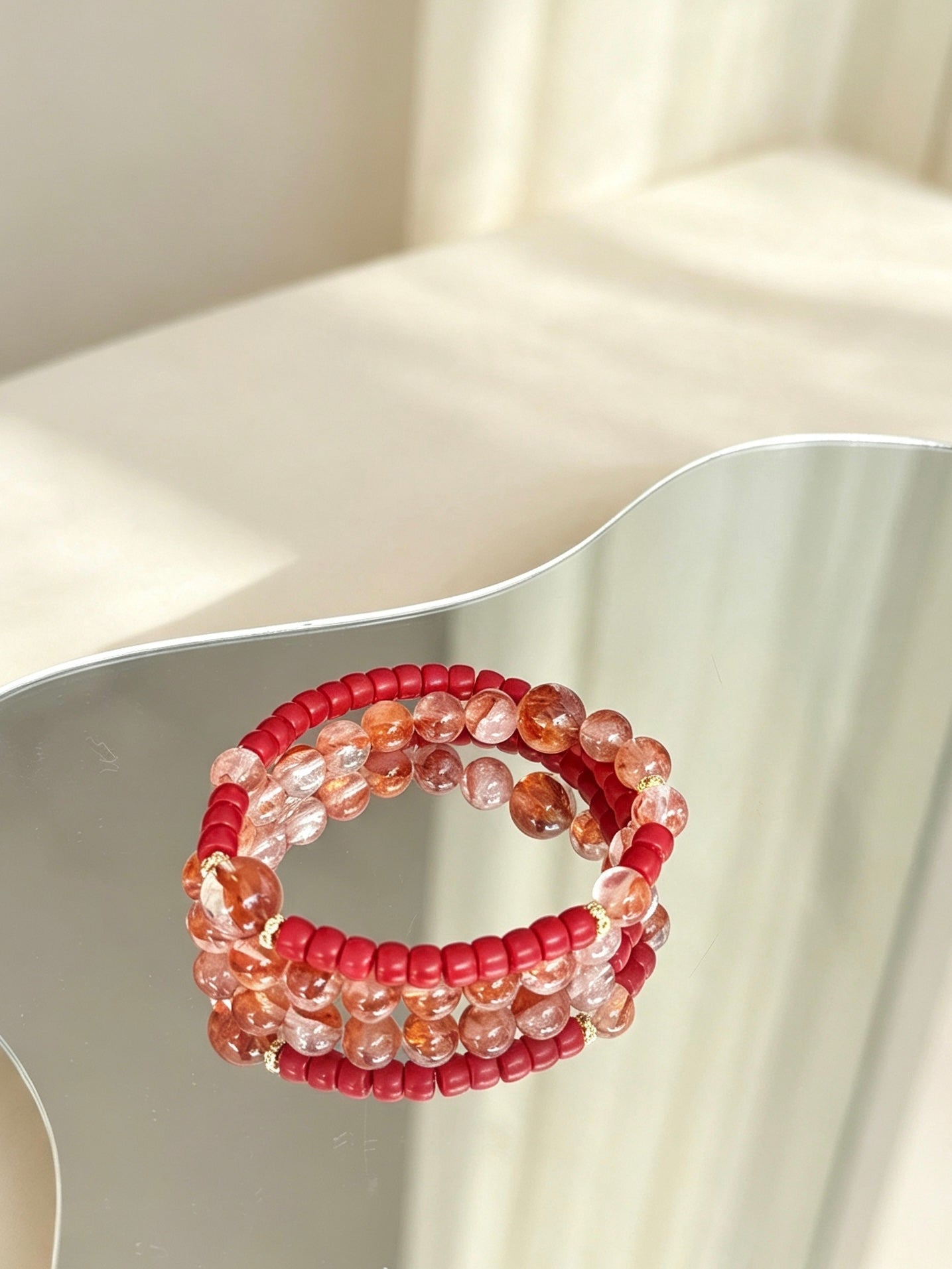 Natural Red Hematoid Quartz &amp; Cinnabar Three-Loop Bracelet 天然红胶花水晶朱砂三圈手串