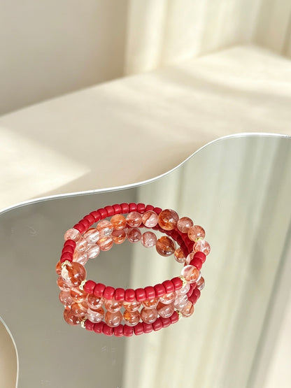 Natural Red Hematoid Quartz &amp; Cinnabar Three-Loop Bracelet 天然红胶花水晶朱砂三圈手串
