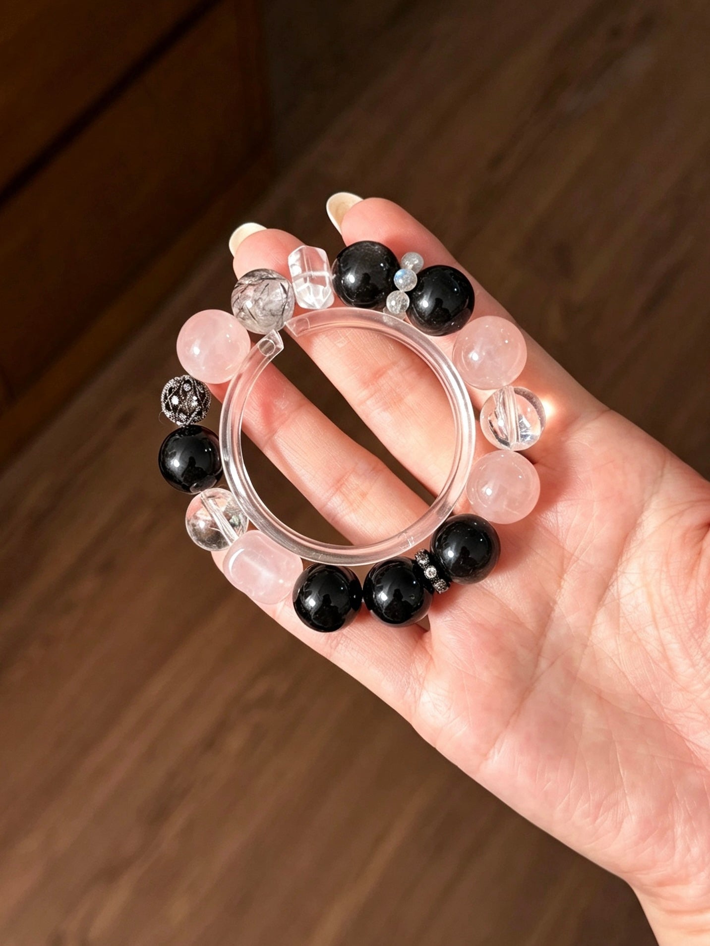 Natural Obsidian, Rose Quartz, Black Rutilated Quartz & Clear Quartz Bracelet 天然黑曜石粉水晶黑发晶白水晶单圈手串