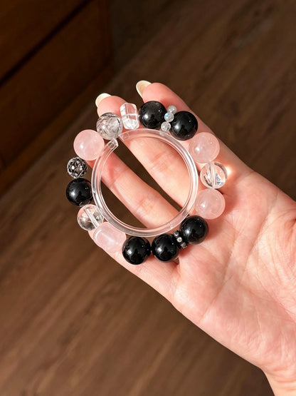 Natural Obsidian, Rose Quartz, Black Rutilated Quartz & Clear Quartz Bracelet 天然黑曜石粉水晶黑发晶白水晶单圈手串