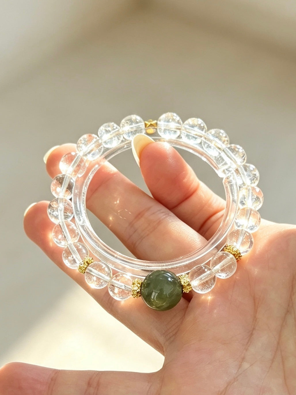 Natural Clear Quartz Bracelet With Green Jade Accent | Natural White Crystal and Hetian Jasper Beaded Bracelet