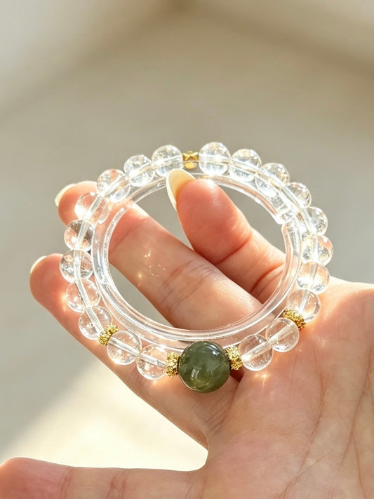 Natural Clear Quartz Bracelet With Green Jade Accent | 天然白水晶和田碧玉点缀圆珠手链