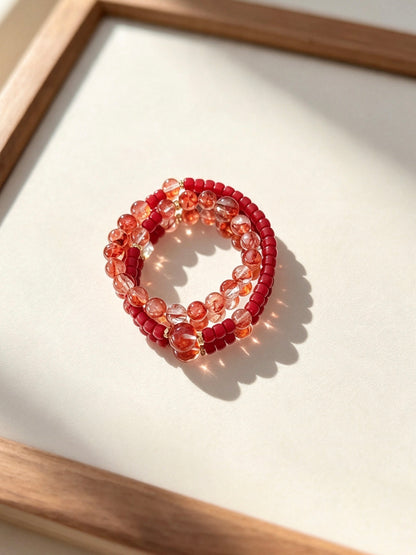 Natural Red Hematoid Quartz &amp; Cinnabar Three-Loop Bracelet 天然红胶花水晶朱砂三圈手串
