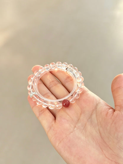 Bracelet en quartz clair naturel avec accent cinabre | 天然白水晶朱砂点缀圆珠手链