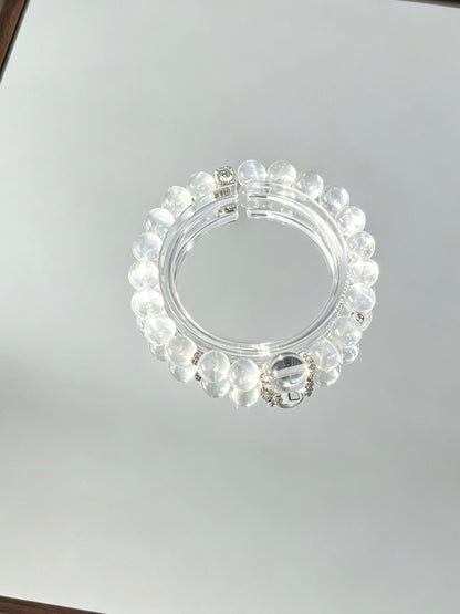 Natural Snowflake Quartz Bracelet With Silver Rhinestone Accent | 天然雪花水晶镶银钻圆珠手链
