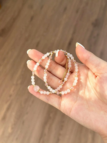 Natural Rose Quartz &amp; Strawberry Quartz Double-Loop Bracelet天然粉水晶草莓晶双圈手链