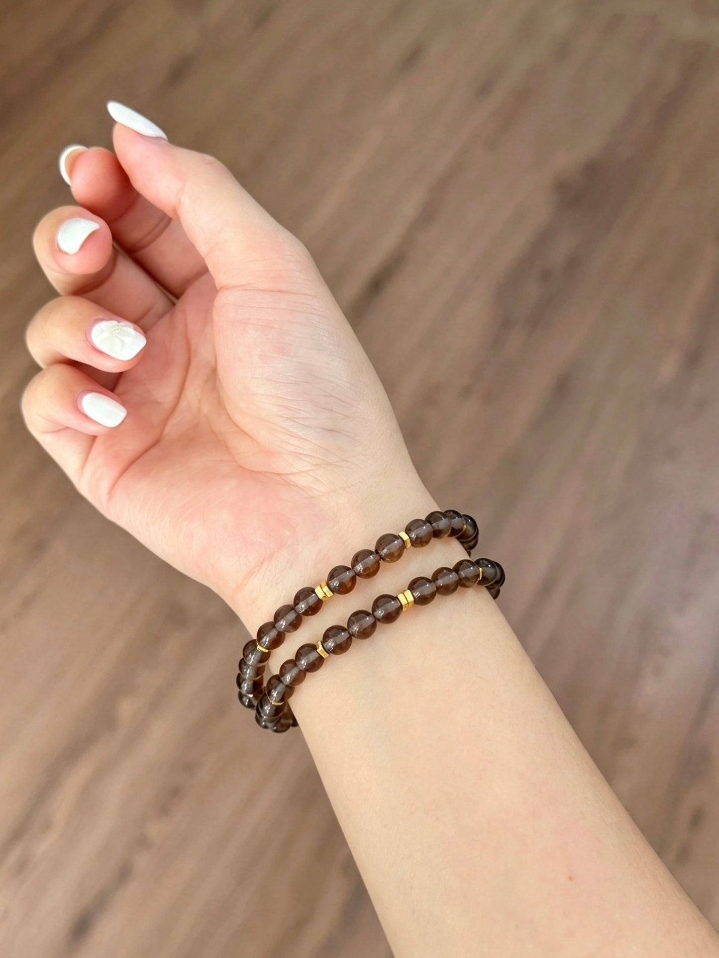 Natural Smoky Quartz Round Bead Double-Loop Bracelet天然茶水晶圆珠双圈手链