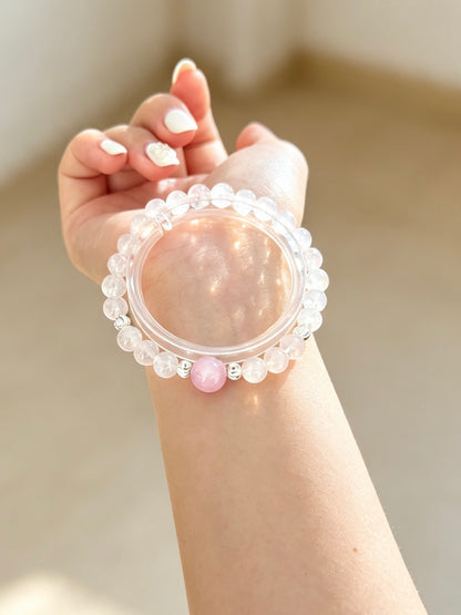 Natural White Phantom Quartz Beaded Bracelet with Morganite Accent