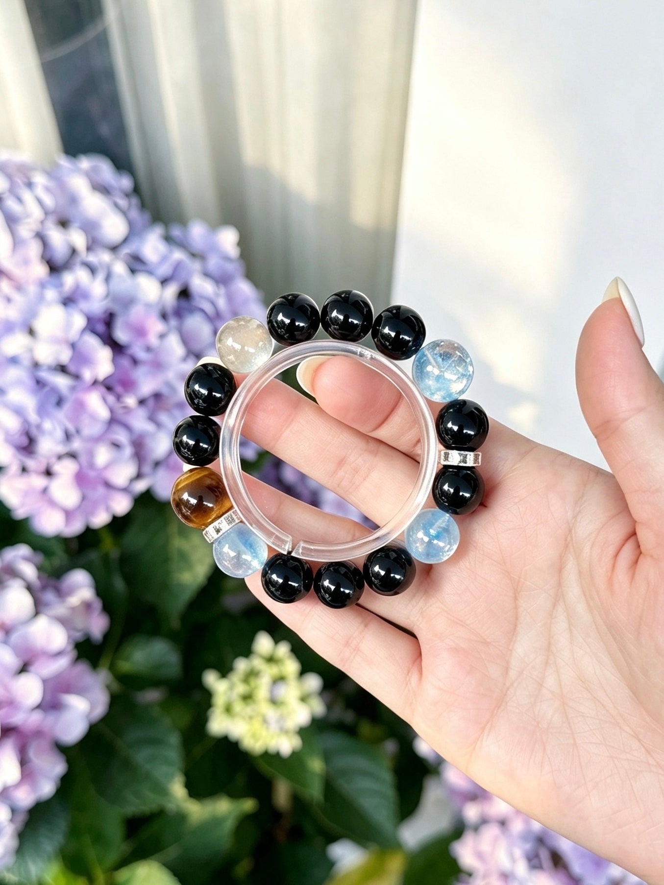 Natural Obsidian, Aquamarine, Tiger’s Eye &amp; Clear Quartz Bracelet 天然黑曜石海蓝宝黄虎眼白水晶手串