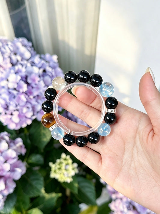 Natural Obsidian, Aquamarine, Tiger’s Eye &amp; Clear Quartz Bracelet 天然黑曜石海蓝宝黄虎眼白水晶手串