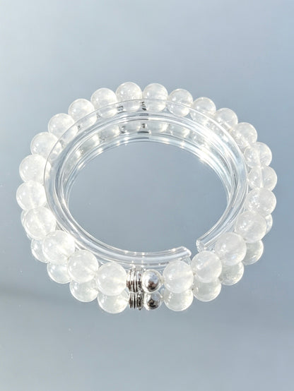 Natural White Rutilated Quartz Bracelet With Silver Accent | 天然白兔毛水晶银饰圆珠手链