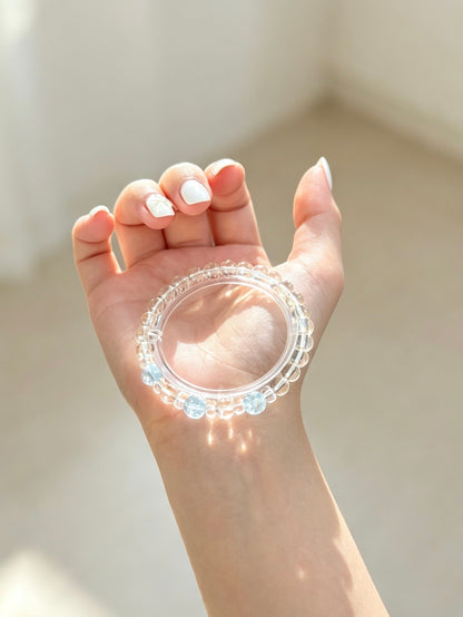 Natural Clear Quartz Bracelet With Aquamarine Beads | 天然白水晶海蓝宝圆珠手链