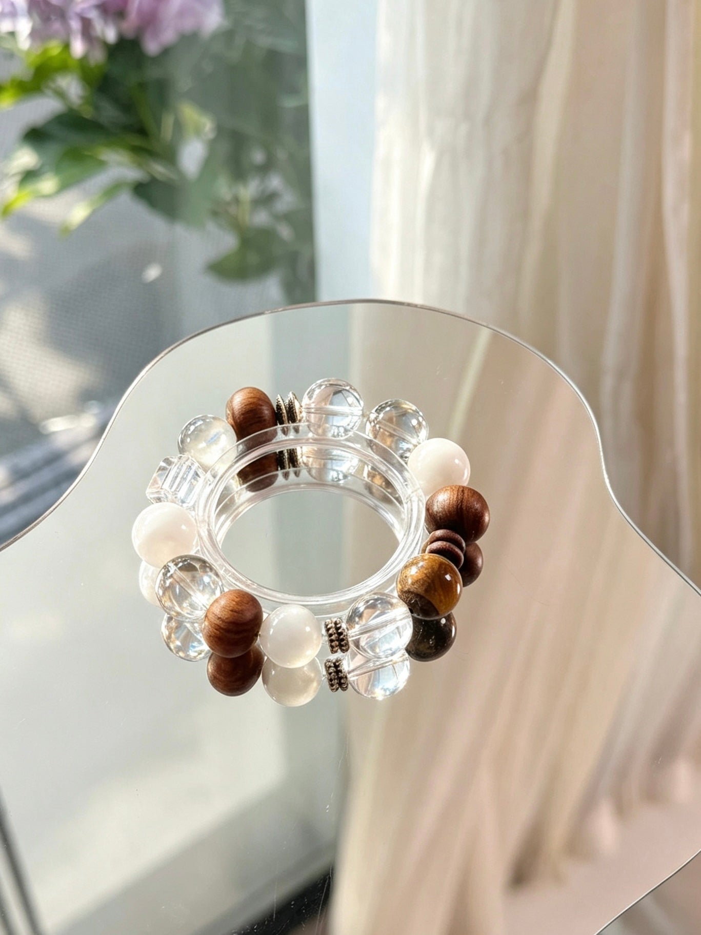 Natural Sandalwood, Tiger’s Eye, Clear Quartz &amp; Snow Phantom Bracelet 天然檀木黄虎眼白水晶雪花幽灵手串