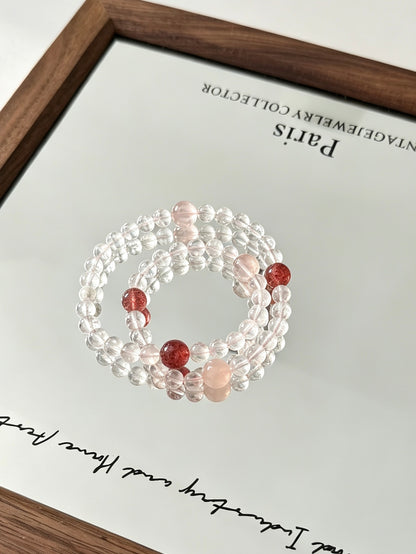 Natural Clear Quartz, Rose Quartz & Strawberry Quartz Loop Bracelet