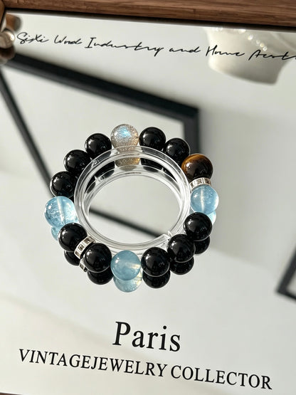 Natural Obsidian, Aquamarine, Tiger’s Eye &amp; Clear Quartz Bracelet 天然黑曜石海蓝宝黄虎眼白水晶手串