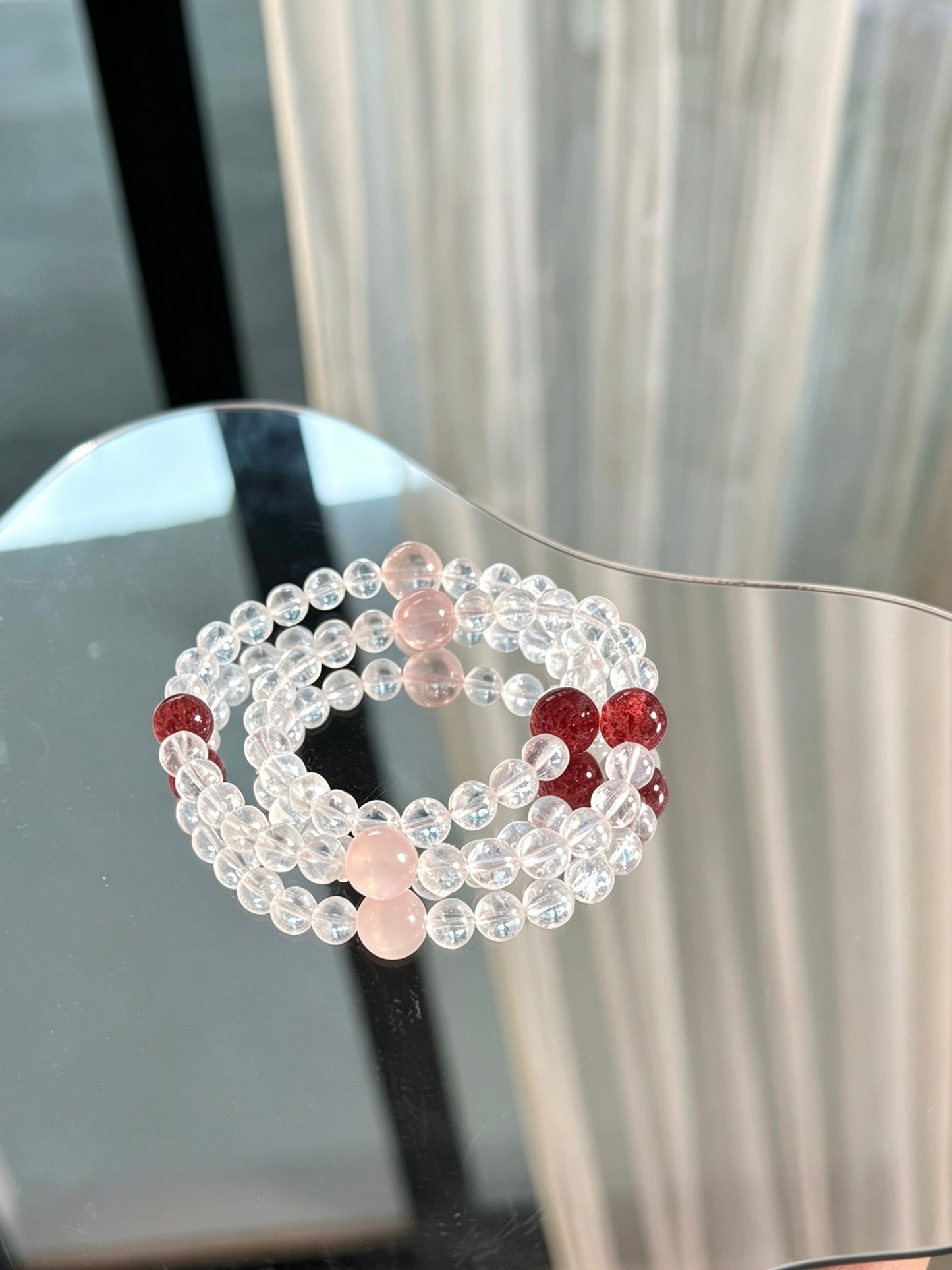 Natural Clear Quartz, Rose Quartz & Strawberry Quartz Loop Bracelet