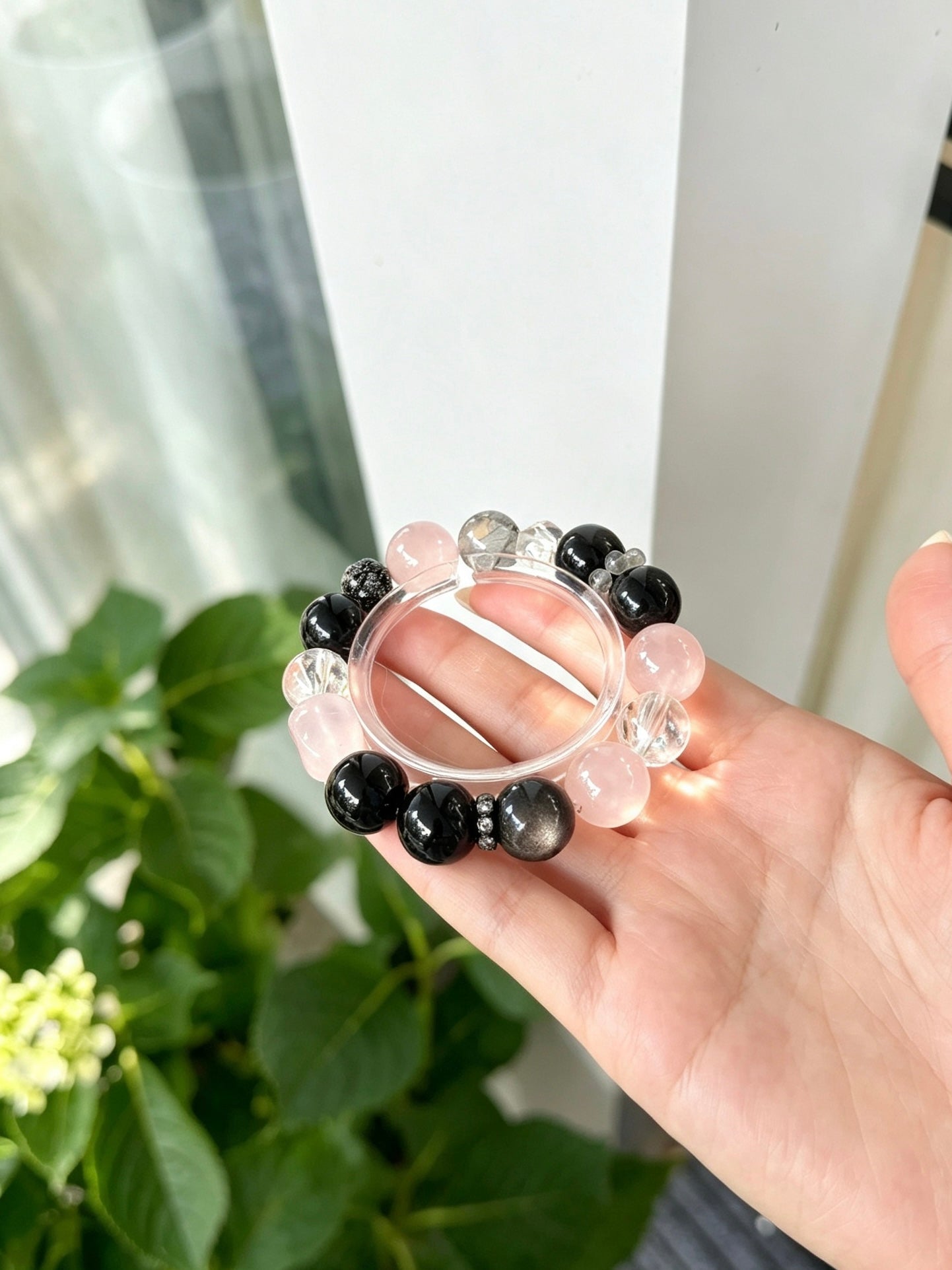 Natural Obsidian, Rose Quartz, Black Rutilated Quartz & Clear Quartz Bracelet 天然黑曜石粉水晶黑发晶白水晶单圈手串