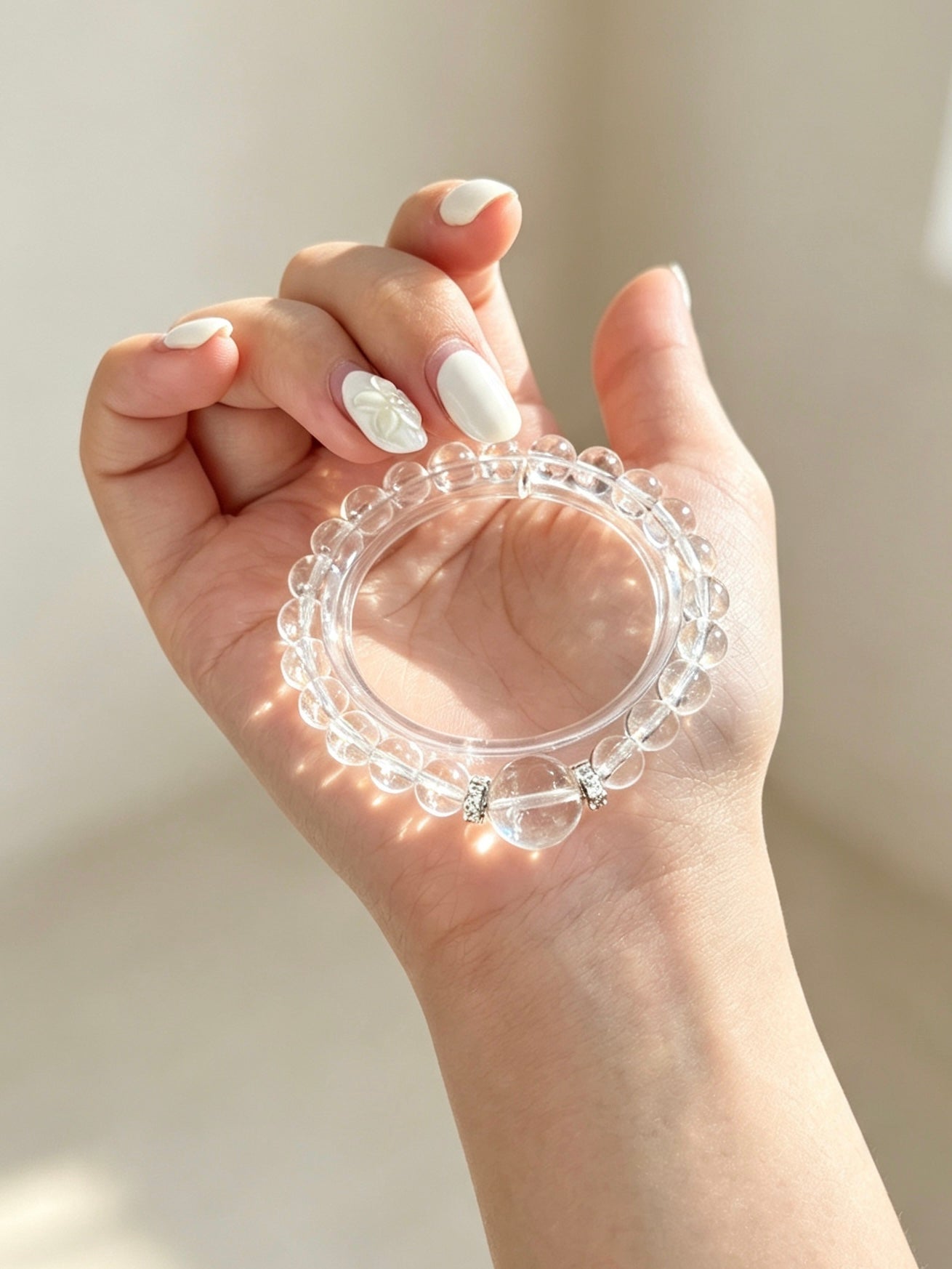 Natural Clear Quartz Bracelet Accent | 天然白水晶点缀圆珠手链