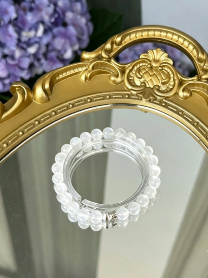 Natural White Rutilated Quartz Bracelet With Silver Accent | 天然白兔毛水晶银饰圆珠手链