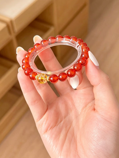Natural Red Agate Bracelet With Golden Ornament 天然红玛瑙配金饰手串
