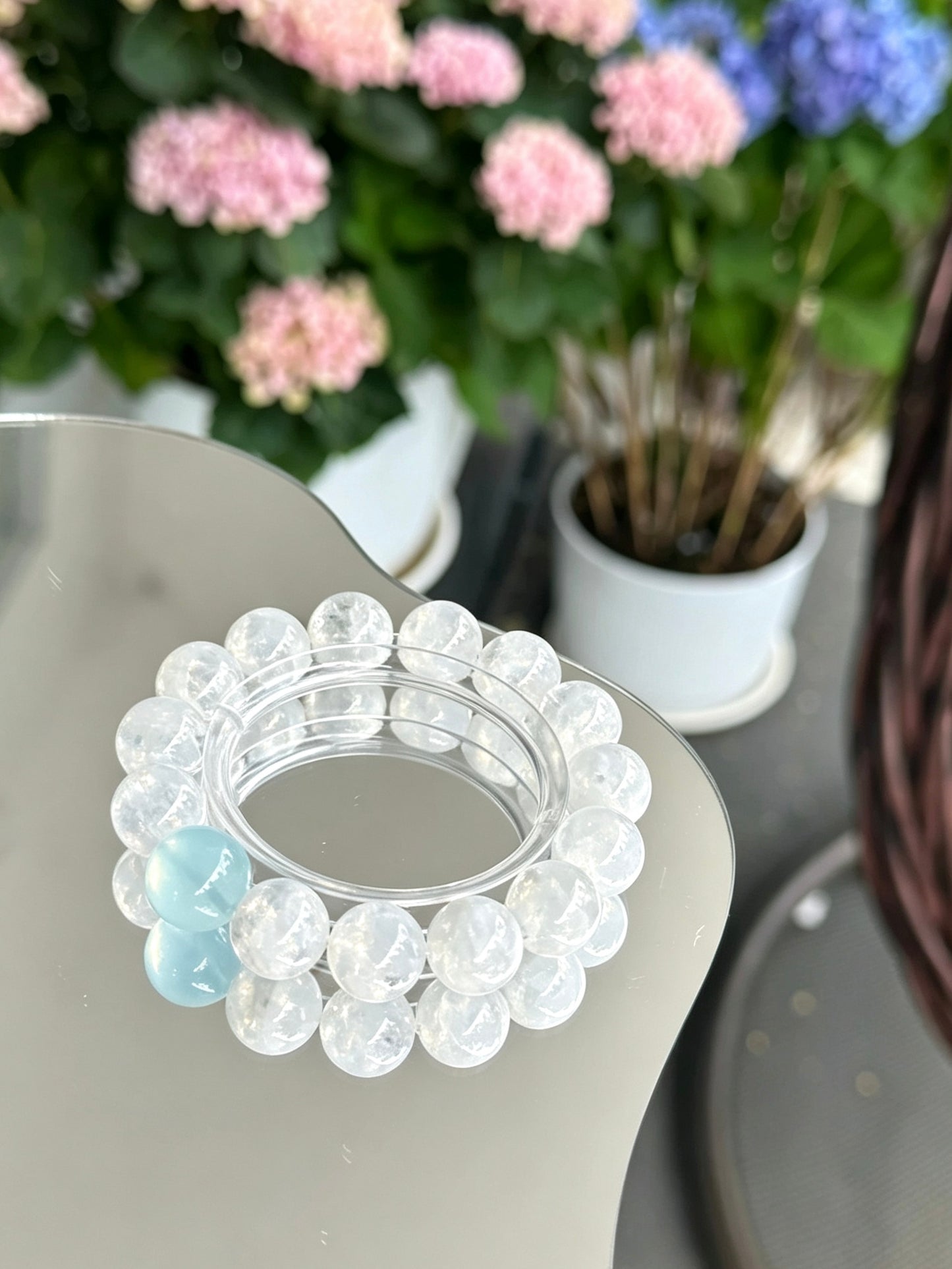 Natural White Phantom Quartz & Aquamarine Bracelet｜天然白幽灵海蓝水晶手串
