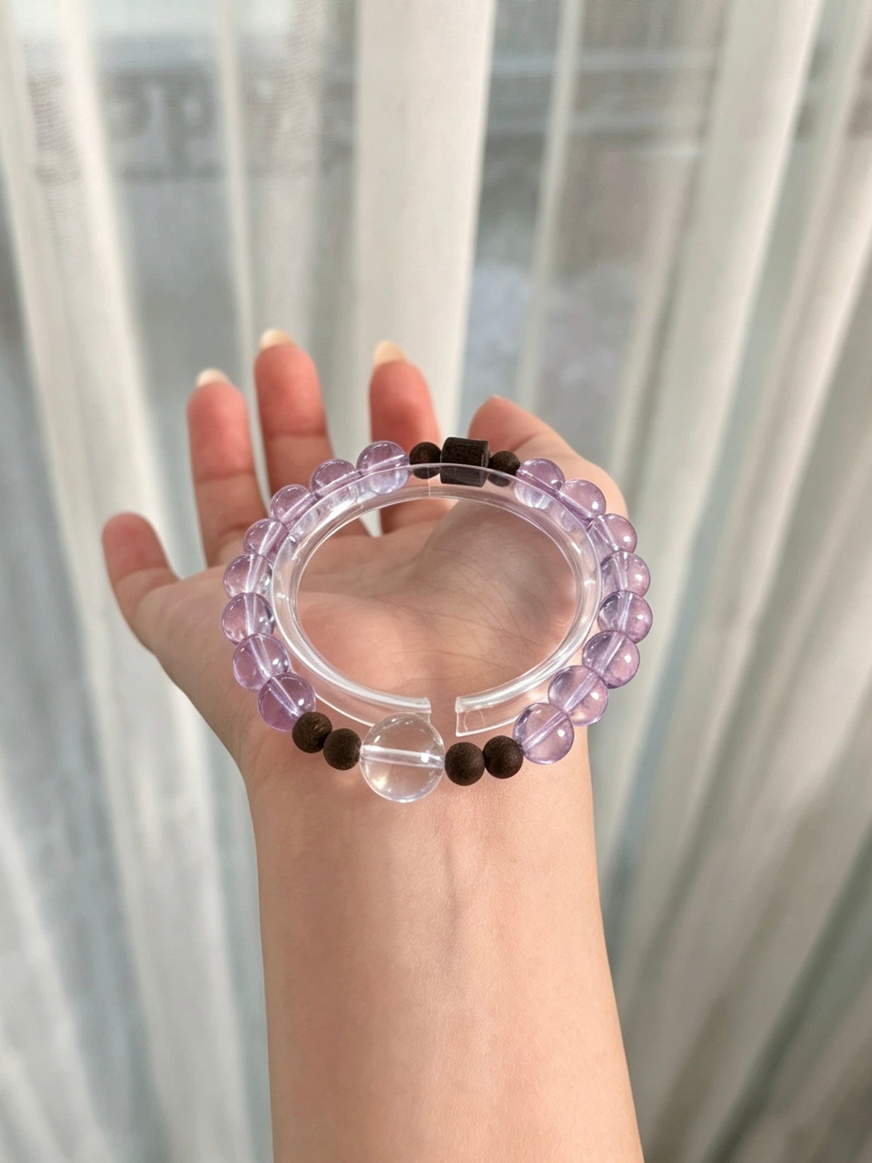 Natural Lavender Amethyst, Clear Quartz &amp; Agarwood Bracelet 天然浅紫水晶白水晶沉香单圈手串