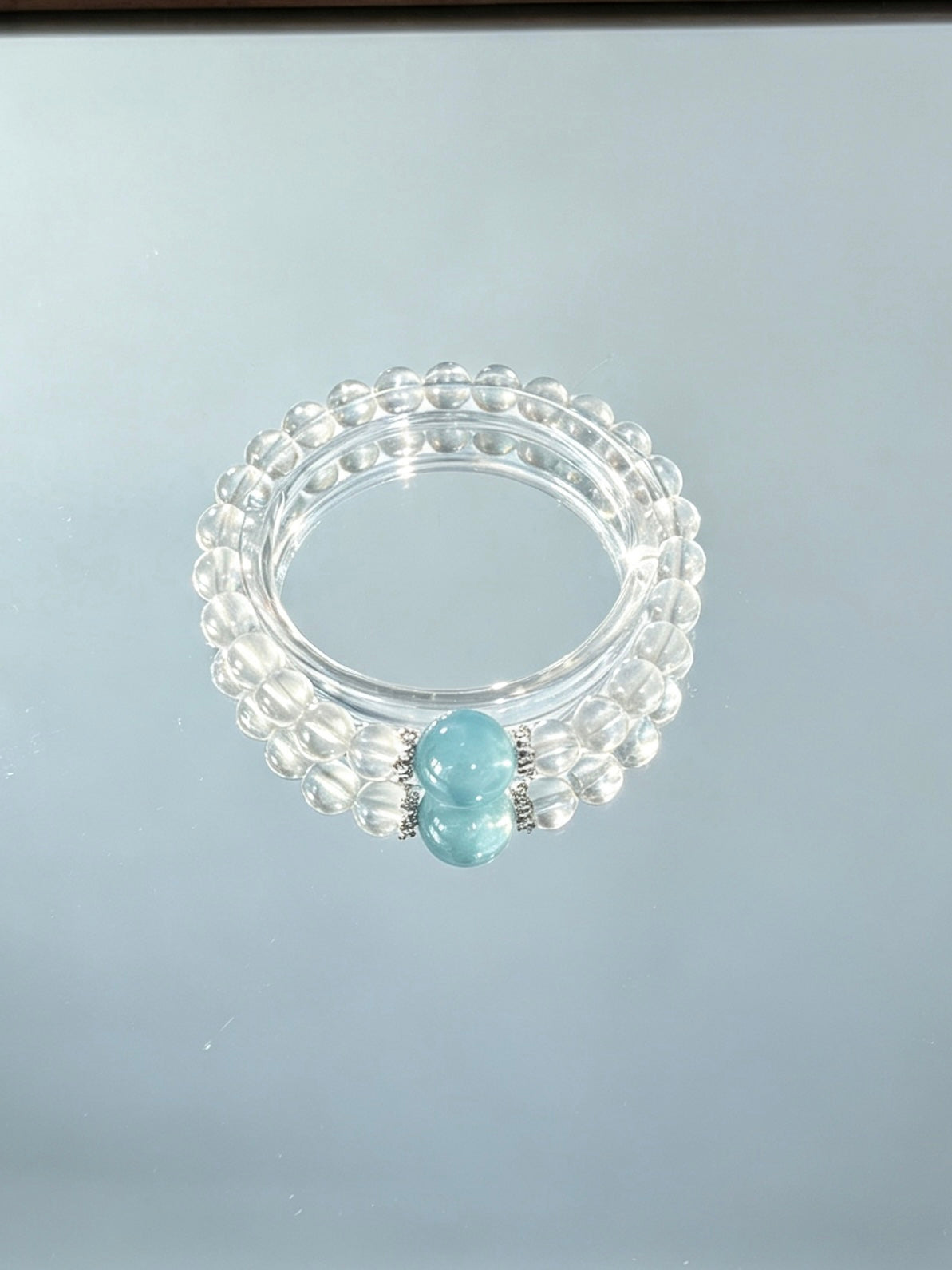 Natural Clear Quartz Bracelet With Aquamarine Accent | 天然白水晶海蓝宝点缀圆珠手链