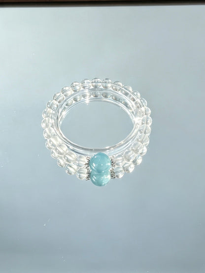 Natural Clear Quartz Bracelet With Aquamarine Accent | 天然白水晶海蓝宝点缀圆珠手链